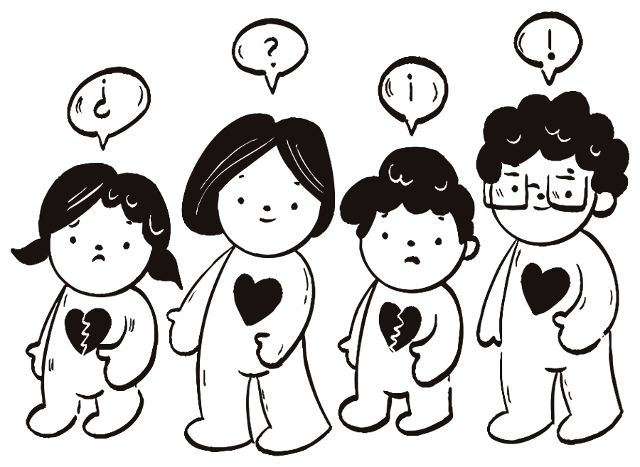 Ilustración de cuatro personajes con signos de interrogación y exclamación